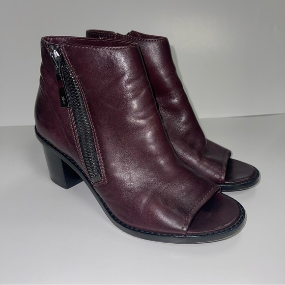 Frye Peep Booties Women's Size 6.5‎ US Wine Leather Heeled Ankle Boots BRIELLE - Picture 6 of 12